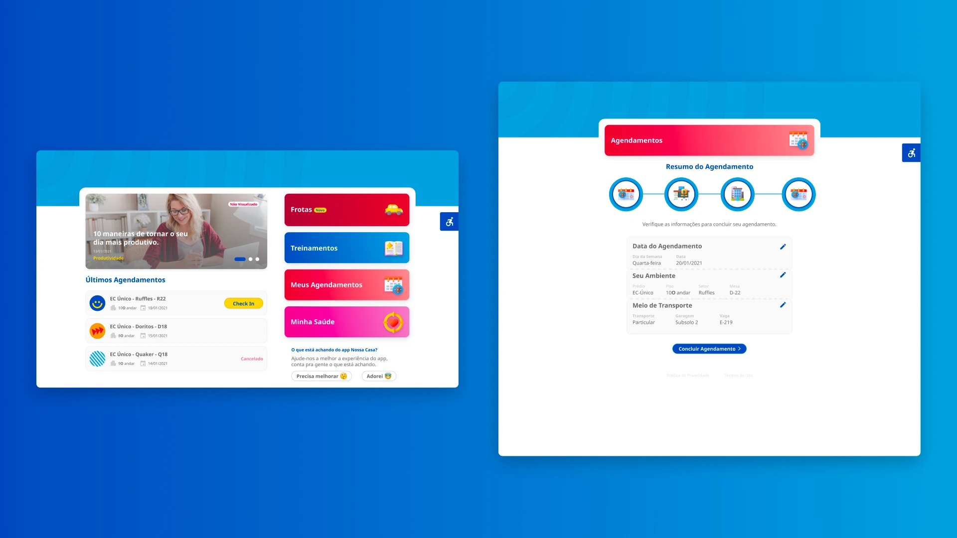Tela desktop do Nossa Casa com dashboard de agendamentos à esquerda e resumo de um agendamento em andamento à direita, com data, ambiente e meio de transporte.