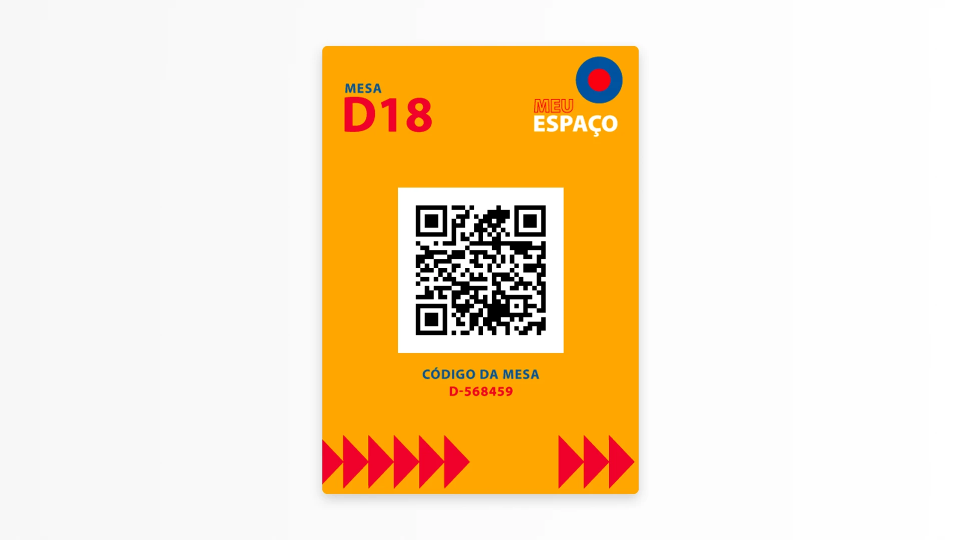 Etiqueta laranja fixada na mesa D18, com QR code, texto 'Código da mesa D-568459' e logo do app Meu Espaço.