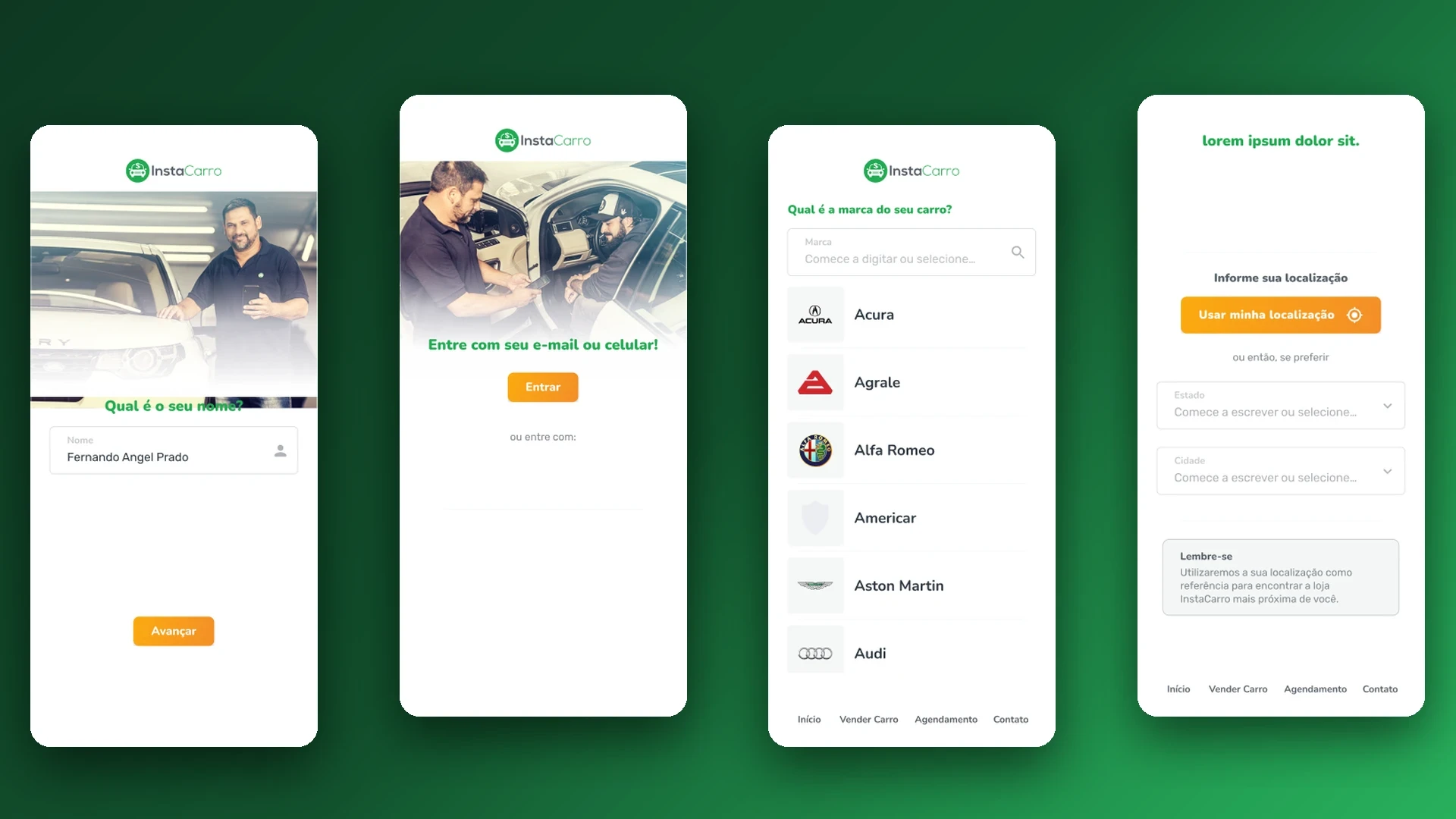 Quatro telas da segunda fase do app InstaCarro: cadastro, login, estimativa de valor por marca e modelo, e agendamento com data, hora e local.