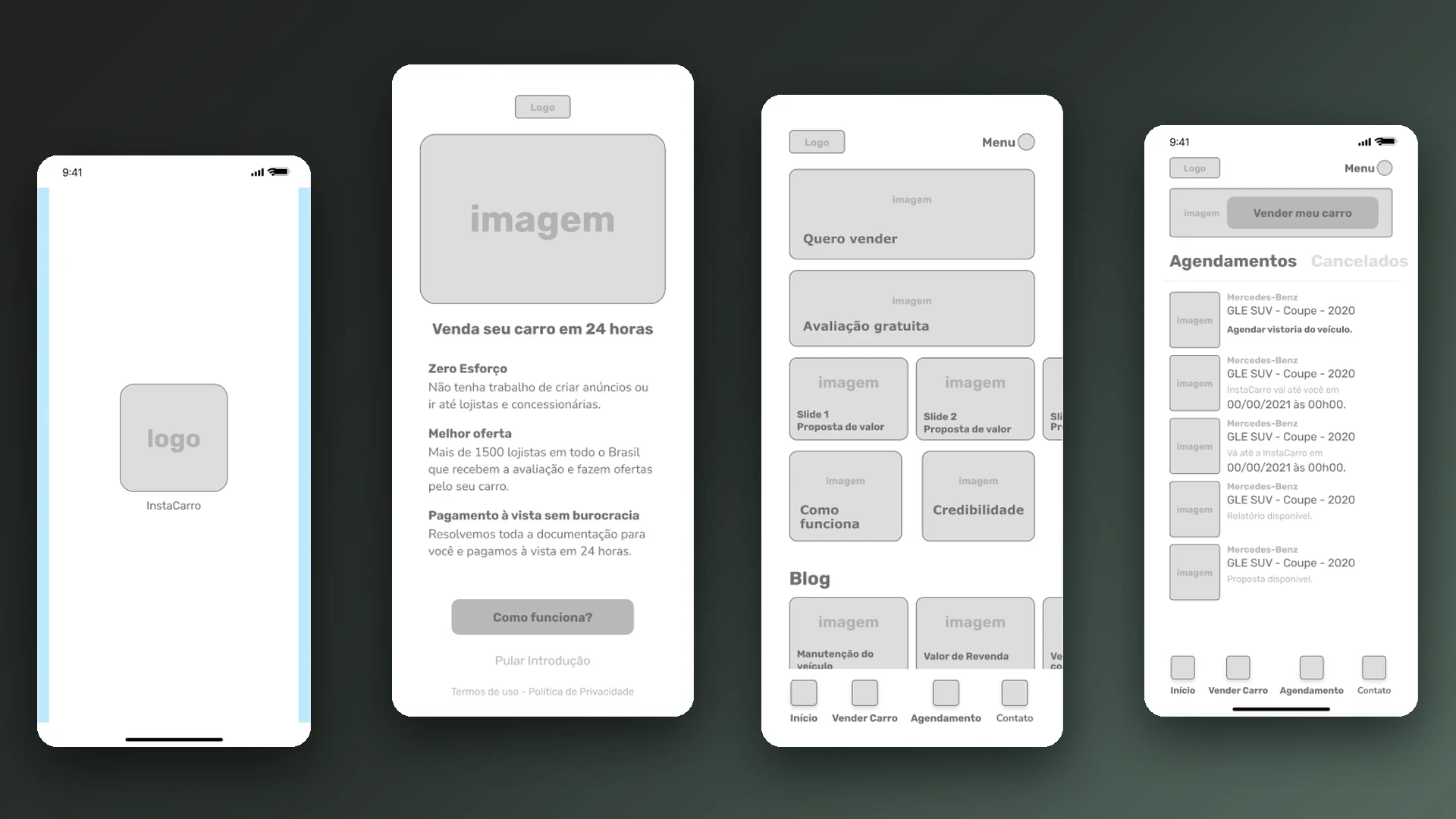 Low-fidelity wireframe of the InstaCarro app in grayscale: splash screen, first access, logged-out home, and scheduled appointments list, with no color or branding.