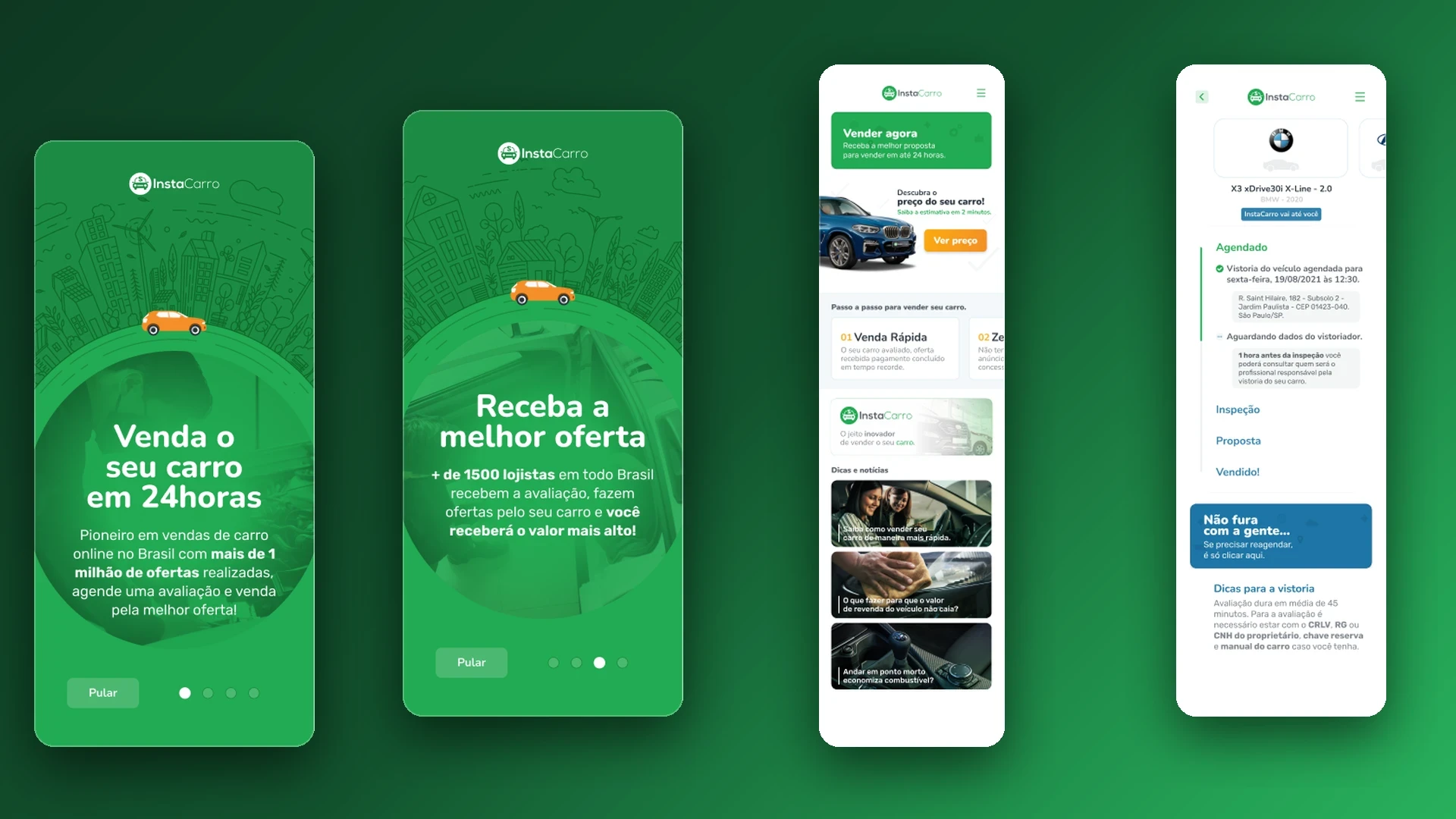 Four high-fidelity InstaCarro app screens: onboarding walkthrough with a car over the brand green, home screen with an offer CTA, and the scheduling flow with states per stage.